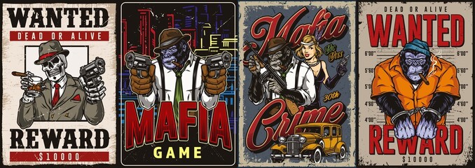 Colorful mafia posters set with inscriptions