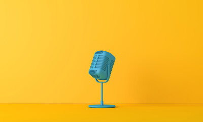 Vintage style microphone against a plain bright yellow background. 3D Rendering - obrazy, fototapety, plakaty