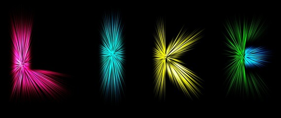 Abstract radial zoom blur surface in yellow, pink, blue and green tones on a black background. Colored letters with radial, diverging, converging lines in the shape of the word like.