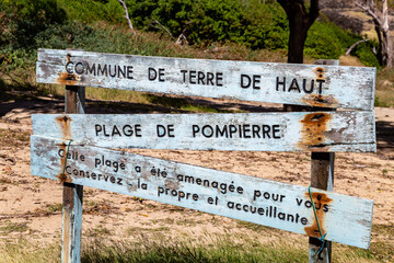Beach sign, Plage de Pompierre, Terre-de-Haut, Iles des Saintes, Les Saintes, Guadeloupe, Lesser Antilles, Caribbean.