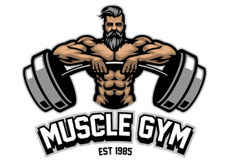 Bearded Powerlifter Muscle Man Mascot Logo