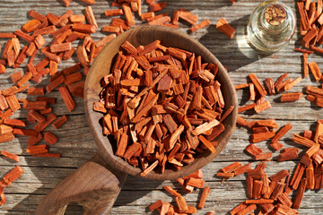 Red sandalwood on a spoon, with a bottle of aromatherapy essential oil