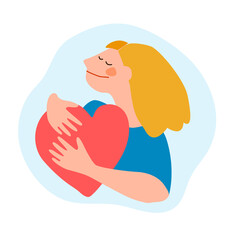 Cartoon style illustration of a young woman hugging her chest to support her mental or heart health
