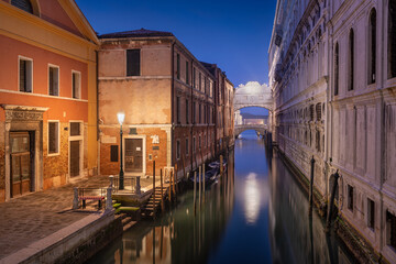 Bridge of Sighs in Venice, Italy at twilight over the Rio di Palazzo