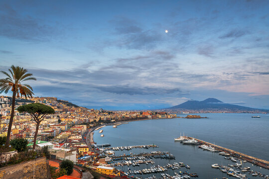 Naples, Italy aerial skyline on the bay with Mt. Vesusvius