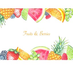 A set of fresh healthy fruits and berries in a frame. Watercolor .Perfect for postcards, invitations