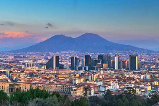 Naples, Italy with the financial district skyline under Mt. Vesuvius