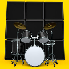 Fototapeta na wymiar Set of realistic drums with metal cymbals or drumset and amplifier on yellow