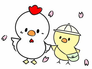 桜が舞う4月、入園・入学で心が弾む可愛いひよこの親子 © purinpurin