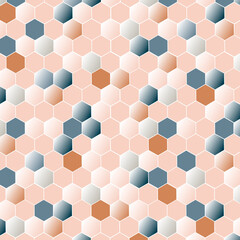 Abstract seamless geometric polygonal pattern with pastel colored gradient hexagonal honeycomb. Trendy modern background. For wall floor tiles, textile, packaging.