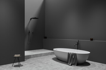 Naklejka na ściany i meble Corner view on dark bathroom interior with shower, bathtub, stool