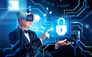 Businessman wearing formal suit in vr helmet and digital interfa