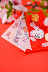 chinese new year festival decoration pow or red pack, orange and gold ingots or golden wad on red background. Chinese characters, cash flow.Year of the rabbit according the eastern calendar.Copy space