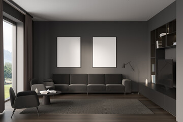 Fototapeta na wymiar Dark living room interior with two empty white posters