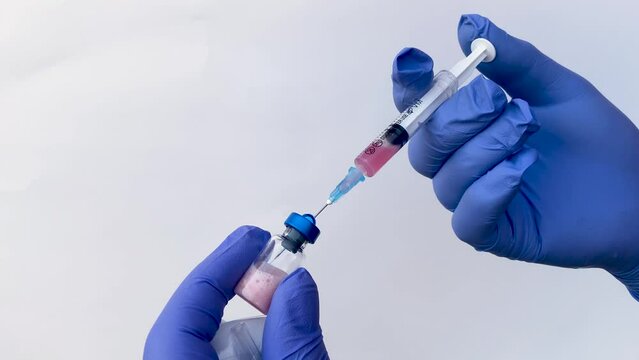 Vaccination of people or pets. Doctor in protective gloves is typing vaccine into syringe. Close-up. virologist scientist. Prevention and treatment influenza, virus pandemic, coronavirus. Copy space.