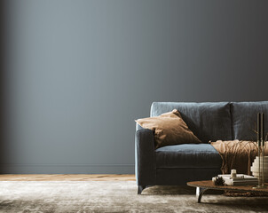 Modern home interior mock-up with dark blue sofa, table and decor in living room, 3d render © artjafara