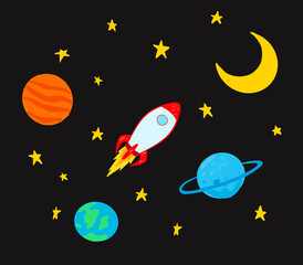 illustration with hand drawn style about rocket in space
