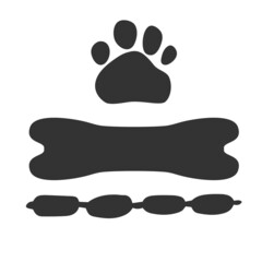 164_pet sign set, dog paw print, bone, sausage, black silhouette on white background, simple vector icon, veterinary clinic design, animal site