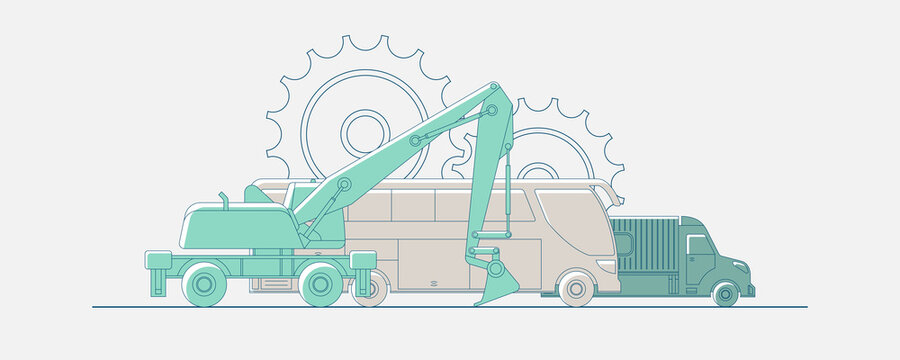 Bus, truck, excavator icon with gears. Car service and repair construction machinery. Vector illustration, EPS 10