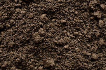 Fertile soil as background, texture, top view. Soil texture background, top view. Fertile soil layer, humus, background, texture, top view. Textured photo of soil, top view.