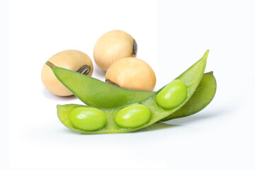 Green soybean in pod and dry soy bean isolated on white background. 