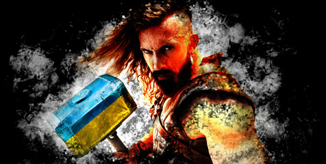Conceptual collage with brave, courage man, warrior with huge hammer painted in blue-yellow colors of ukrainian flag.