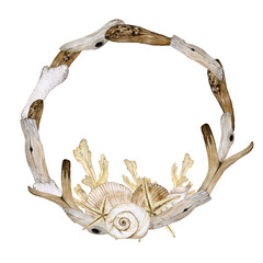 Wreath of driftwood and shells watercolor on a white background - obrazy, fototapety, plakaty