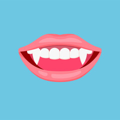 Vampire teeth for Halloween. Vector illustration isolated on blue background.	