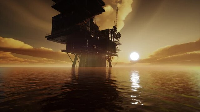 Aerial view offshore drilling rig at the offshore location during sunset