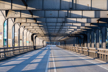 Empty Freihafenelbbruecke bridge during sunset in Hamburg, Germany.