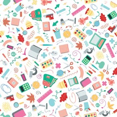 Seamless bright pattern of school supplies on a white background. Back to school. Vector illustration