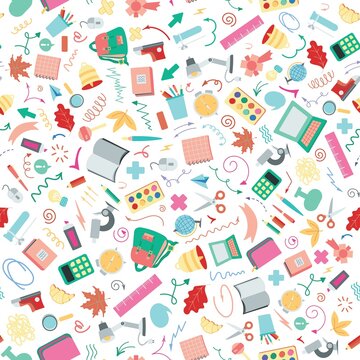 Seamless bright pattern of school supplies on a white background. Back to school. Vector illustration