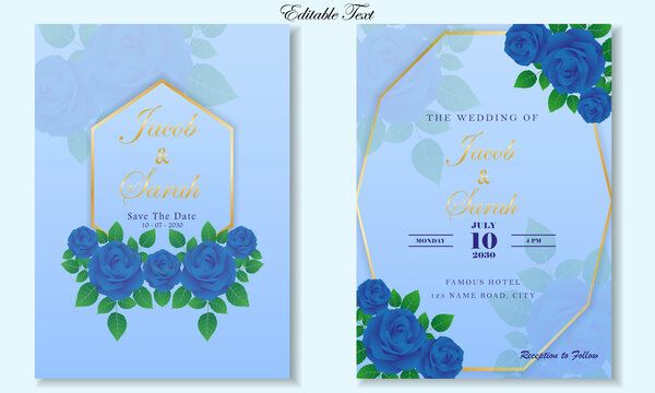 blue wedding card template with blue rose floral frame