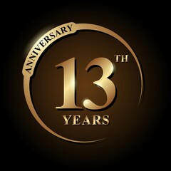 Fototapeta premium 13 years anniversary celebration. Anniversary logo with ring and elegance golden color isolated on black background, vector design for celebration, invitation card, greeting card, and banner