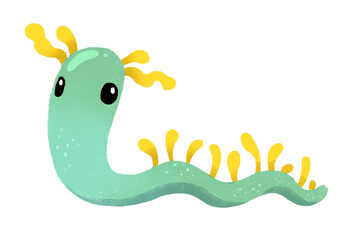 Cute cartoon green worm monster. Funny character children illustration. Isolated on white background