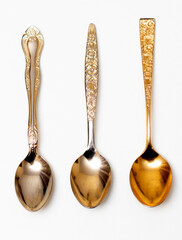 Top view of golden spoons isolated white background.