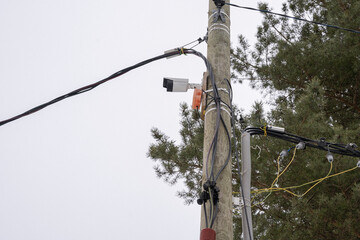 temporary surveillance camera on a pole on the construction site