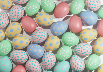 Group of easter eggs painted on white background Easter background 3D rendering