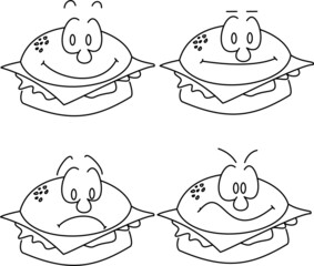 Cartoon style burger in different expressions.