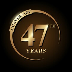 47 years anniversary celebration. Anniversary logo with ring and elegance golden color isolated on black background, vector design for celebration, invitation card, greeting card, and banner
