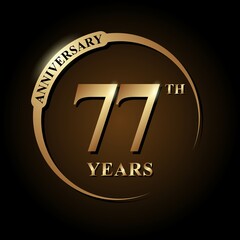 77 years anniversary celebration. Anniversary logo with ring and elegance golden color isolated on black background, vector design for celebration, invitation card, greeting card, and banner