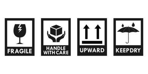 Fragile package icons set, handle with care logistics and delivery shipping labels. Fragile box, keep dry umbrella
