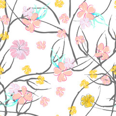 Obraz na płótnie Canvas Pink Flowers Blooming Pattern. Pastel Watercolor.