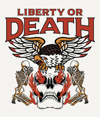 Fototapeta premium Eagle on Burning Skull and Praying Skeletons Illustration with A Slogan Artwork on White Background For Apparel and Other Uses