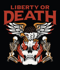 Eagle on Burning Skull and Praying Skeletons Illustration with A Slogan Artwork on Black Background For Apparel and Other Uses