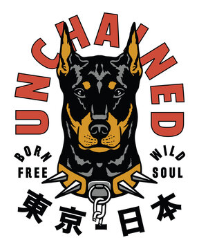 Doberman Pinscher Dog Illustration with Tokyo Japan Words in Japanese Artwork on White Background For Apparel and Other Uses