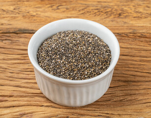 Chia seeds in a white bowl over wooden table