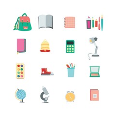 Back to school vector set of bright elements. Educational clipart. School supplies. Cute flat style classroom objects. Ready for school stuff. Back to school. Vector illustration