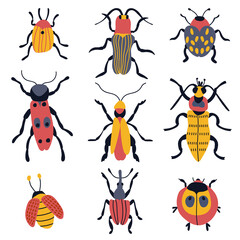 Set of hand-drawn beetles. White background, isolate. Vector illustration.	
