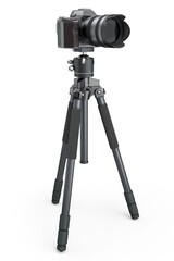 Photo and video tripod with nonexistent DSLR camera on isolated on white